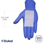 A blue gloved hand carefully holds a 3.3" x 1.75" Dukal gauze pad in a 100 pack. Complement your supplies with MedPlus's Dukal Alcohol Prep Pads - Large, individually wrapped, for enhanced hygiene.